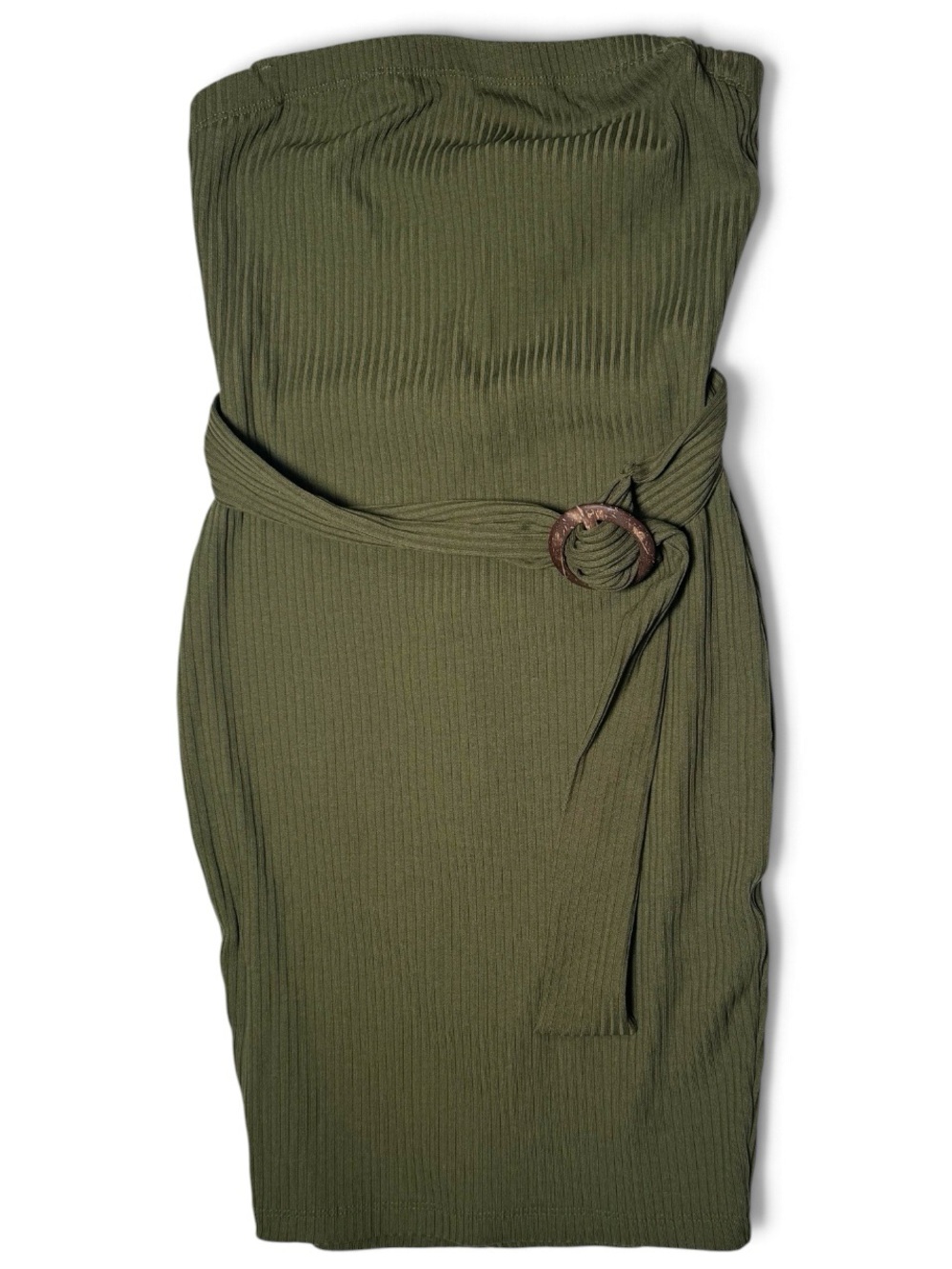 Iris Olive Green Ribbed Strapless Belted Dress- Small